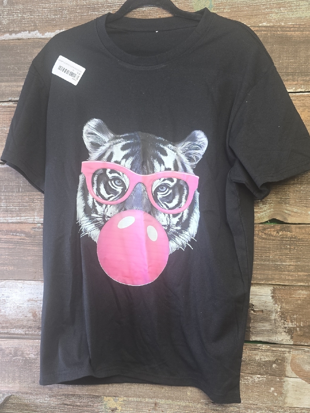 Black Tiger Graphic Tee with Pink Glasses and Bubble, Size XL, NWT